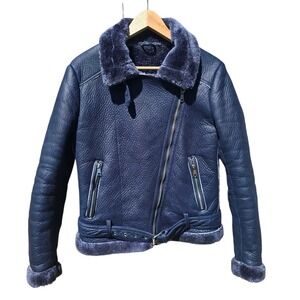 Robert Phillipe Women's Blue Faux Leather‎ Aviator Biker Jacket - Size M